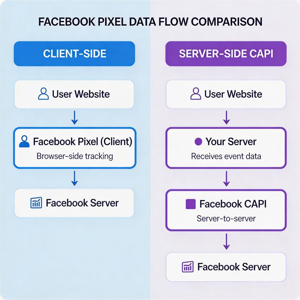 Facebook Pixel 与 Conversions API 数据流对比图
