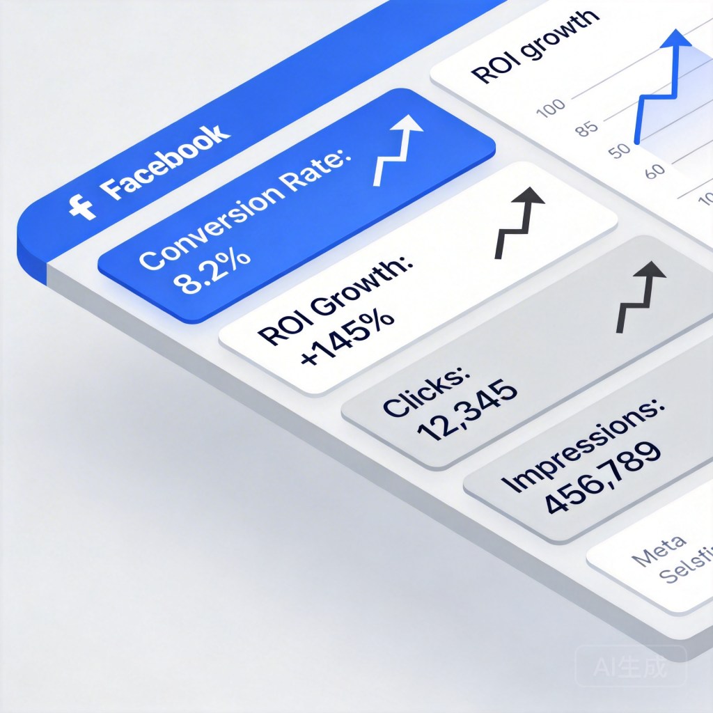 Facebook and Meta ad campaign dashboard with conversion metrics and ROI growth