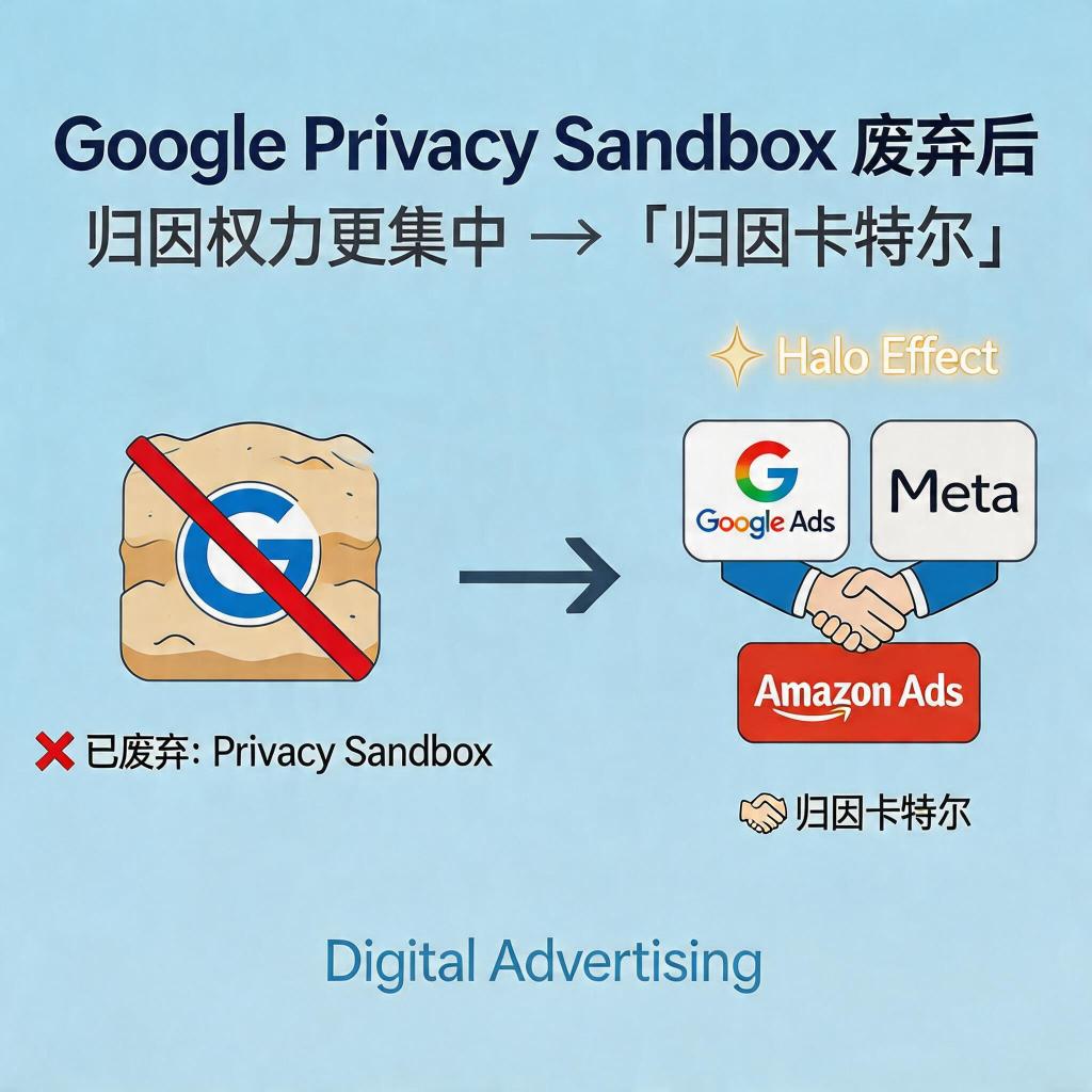 Diagram showing how walled garden platforms over-credit conversions through the Halo Effect after Google Privacy Sandbox deprecation