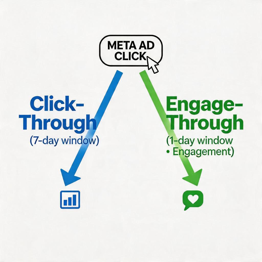 Meta ads click through vs engage through attribution comparison