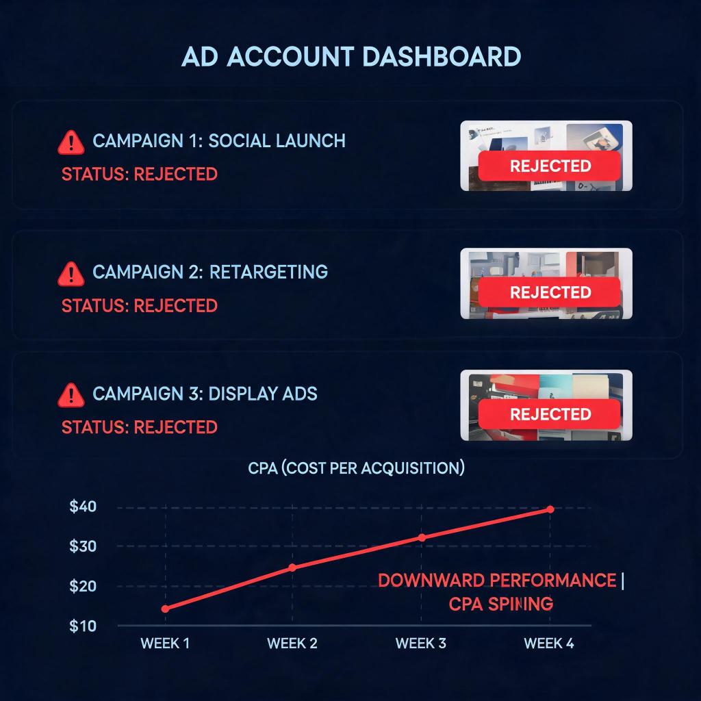 Meta ad dashboard showing rejected ads and declining CPA trend 2026