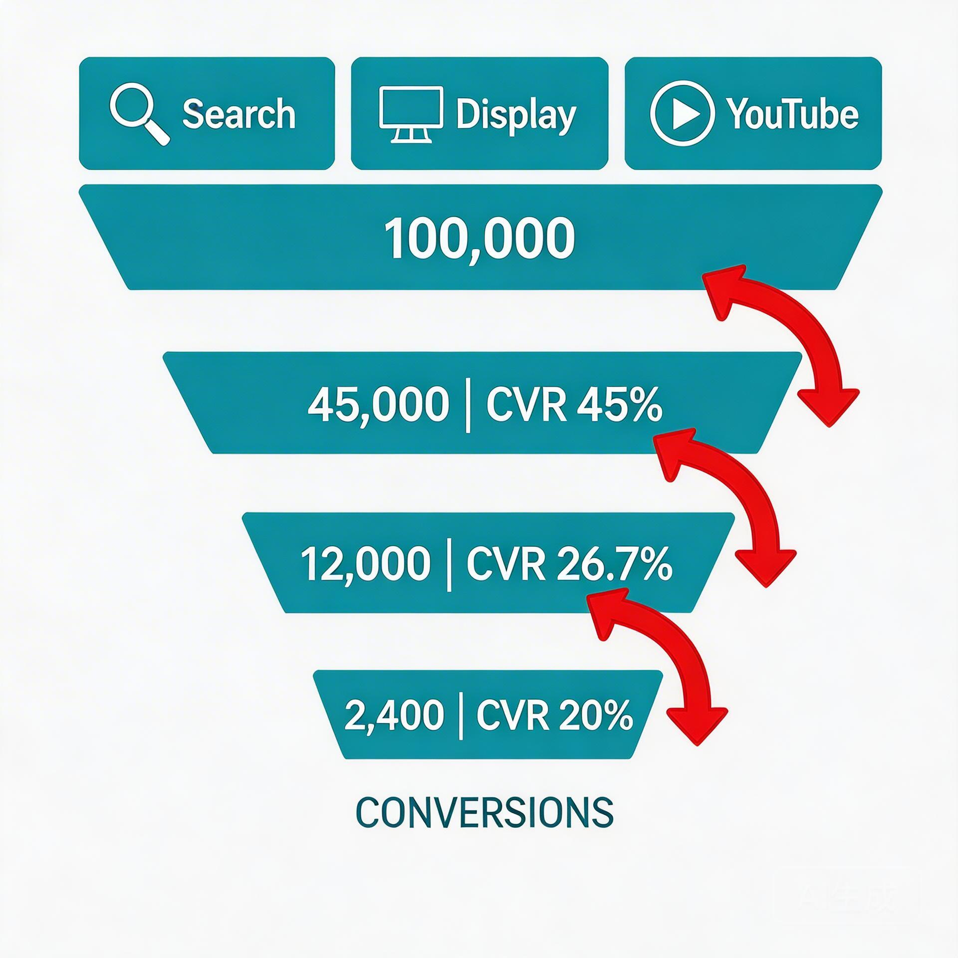 Post-click conversion funnel by channel type with CVR metrics