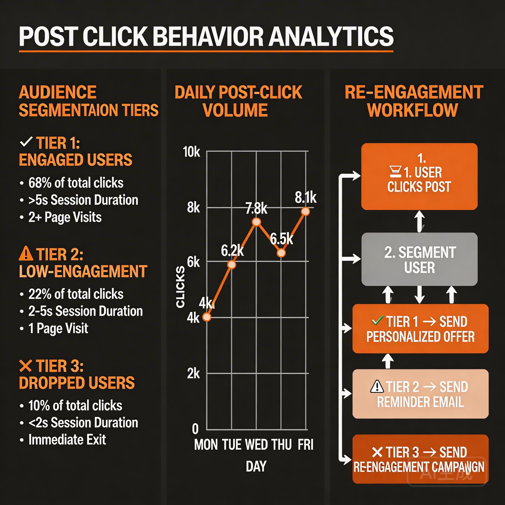 Post-click behavioral audience segmentation tiers for re-engagement