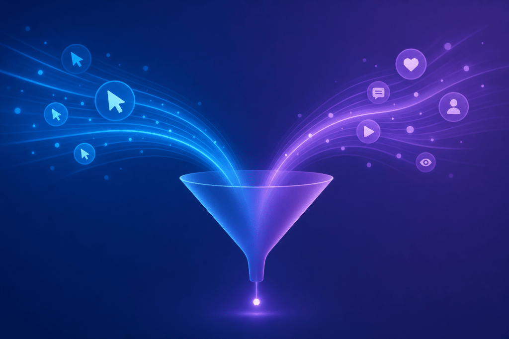 Modern illustration of Meta attribution data flowing through click-through and engage-through channels