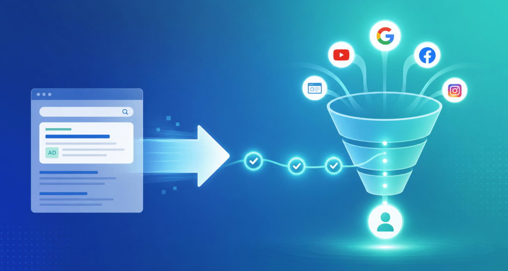 A digital funnel visualization showing the transition from Dynamic Search Ads to Performance Max with conversion optimization checkpoints at each stage of the post-click journey.